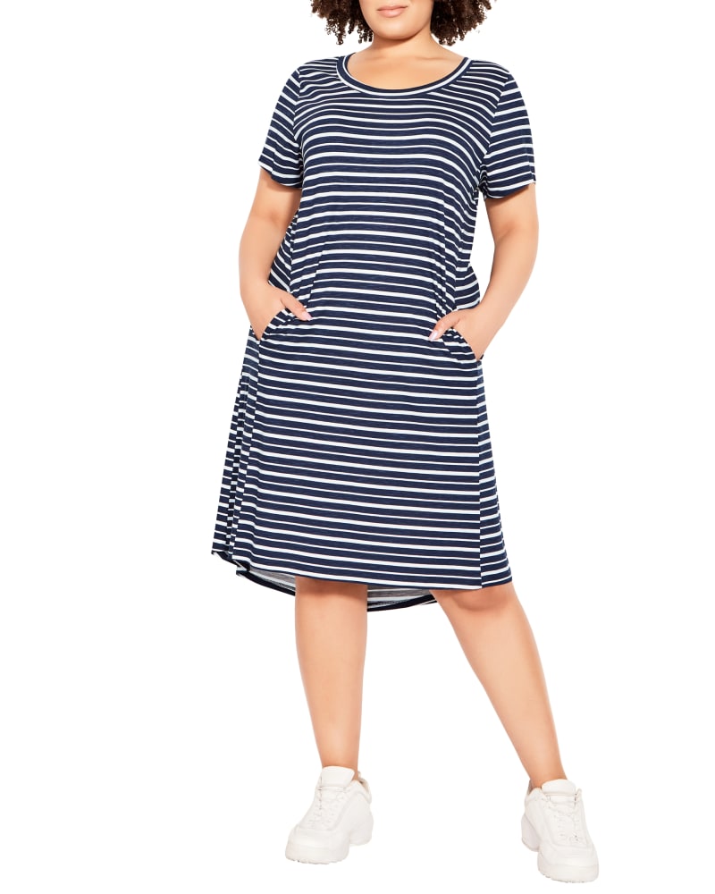 Front of a model wearing a size 14 Ava Striped Hello Sunshine Dress in Navy / White by Zim & Zoe. | dia_product_style_image_id:211740
